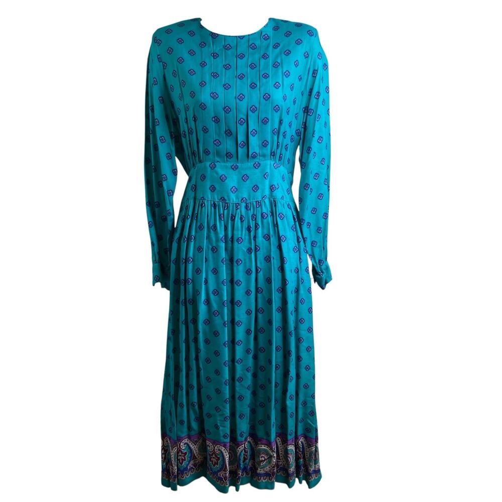 Vintage California Girl Teal Print Midi Size 12 Modest Church‎ Cottagecore Prim
